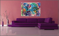 A large purple couch with abstract artwork above it.