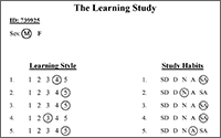 A paper titled 'The Learning Study' that contains five items under 'Learning Scale' scored as 4, 5, 5, 3, 5 in that order. There are five items under 'Study Habits' scored as SA, N, SA, SA, A in that order.