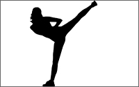 A black and white silhouette of a person kicking in the air