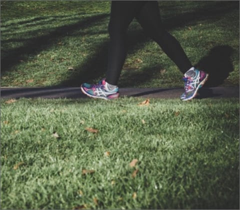 A side-view of the legs of a person wearing black leggings and pink and blue tennis shoes. They are walking on a path through two large expanses of grass.