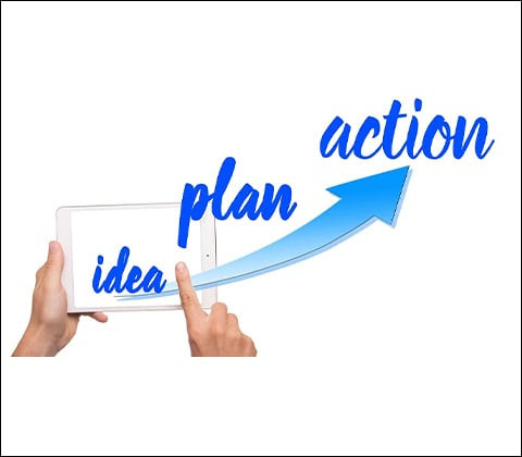Words- idea, plan, and action- with blue arrows going up.