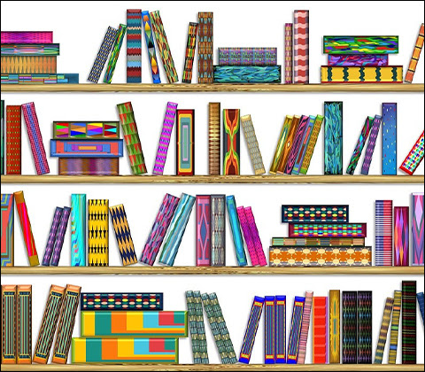Colorful array of books on floating shelves displaying various geometric patterns along the spines.
